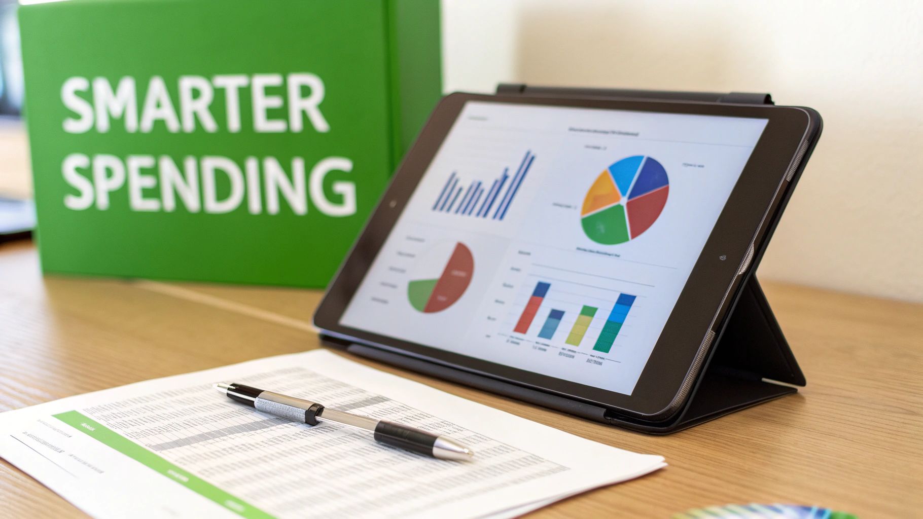 A tablet displays financial graphs and charts next to a spreadsheet and a 'Smarter Spending' sign.