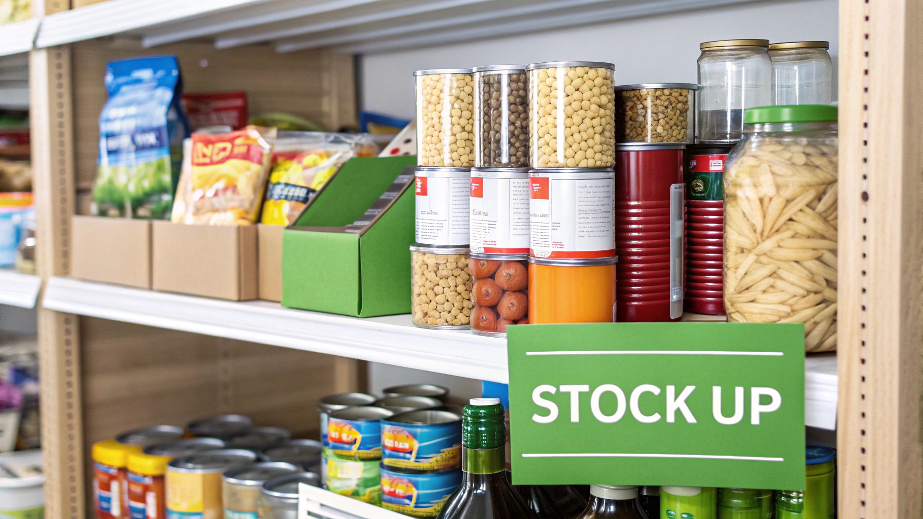 A well-organized pantry shelf filled with various canned goods, jars, and packaged food items, ready for storage, with a 'STOCK UP' sign.