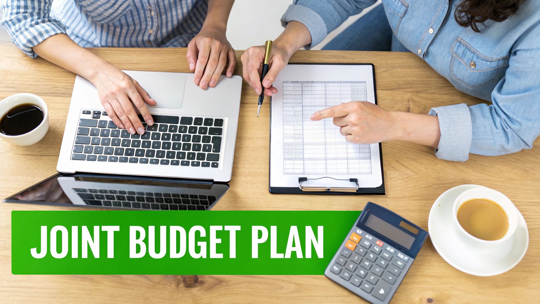 Two people collaborate on a joint budget plan, one typing on a laptop, the other pointing at a document.