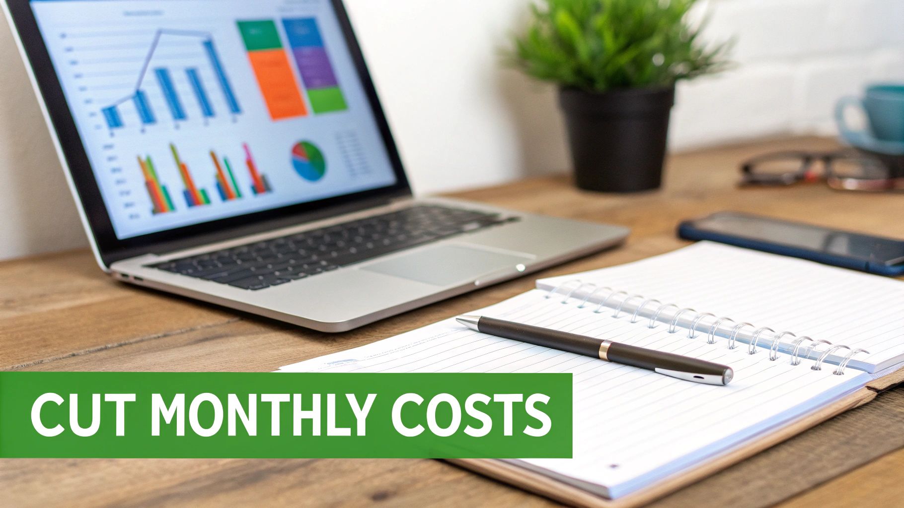 Laptop displaying financial charts and graphs on a desk with a notebook and 'CUT MONTHLY COSTS' banner.