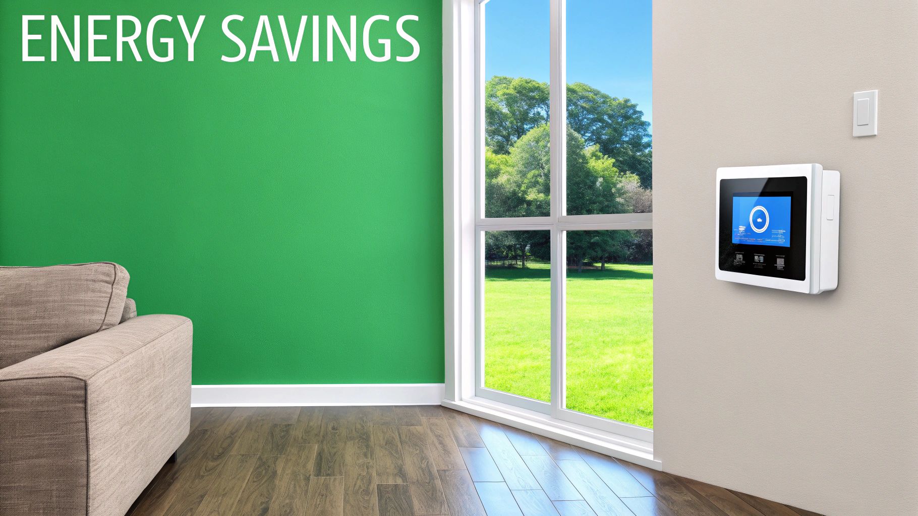 Modern smart thermostat mounted on wall near window showing energy savings in home