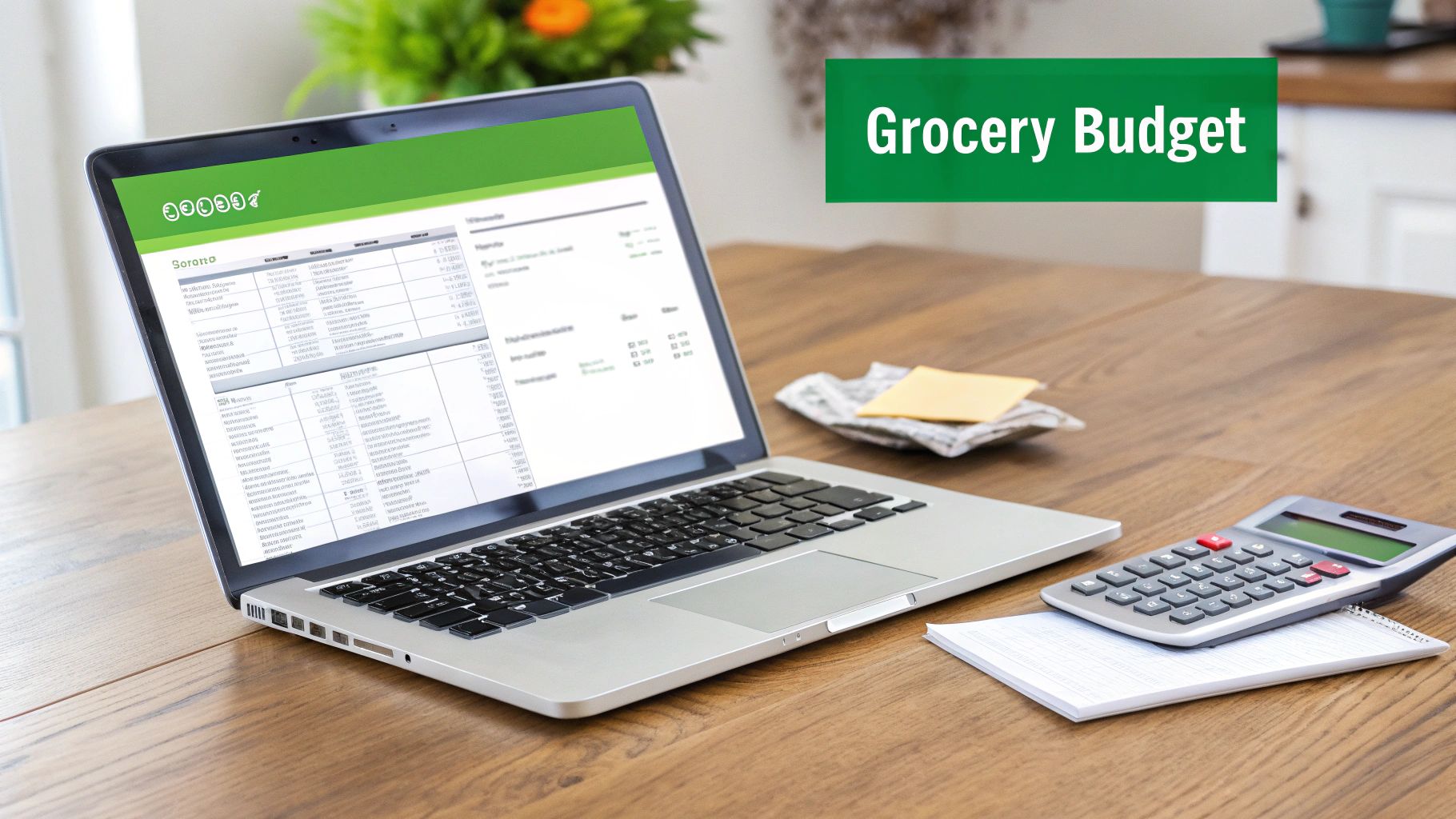 A laptop displaying a grocery budget spreadsheet, a calculator, and a notepad on a wooden table.