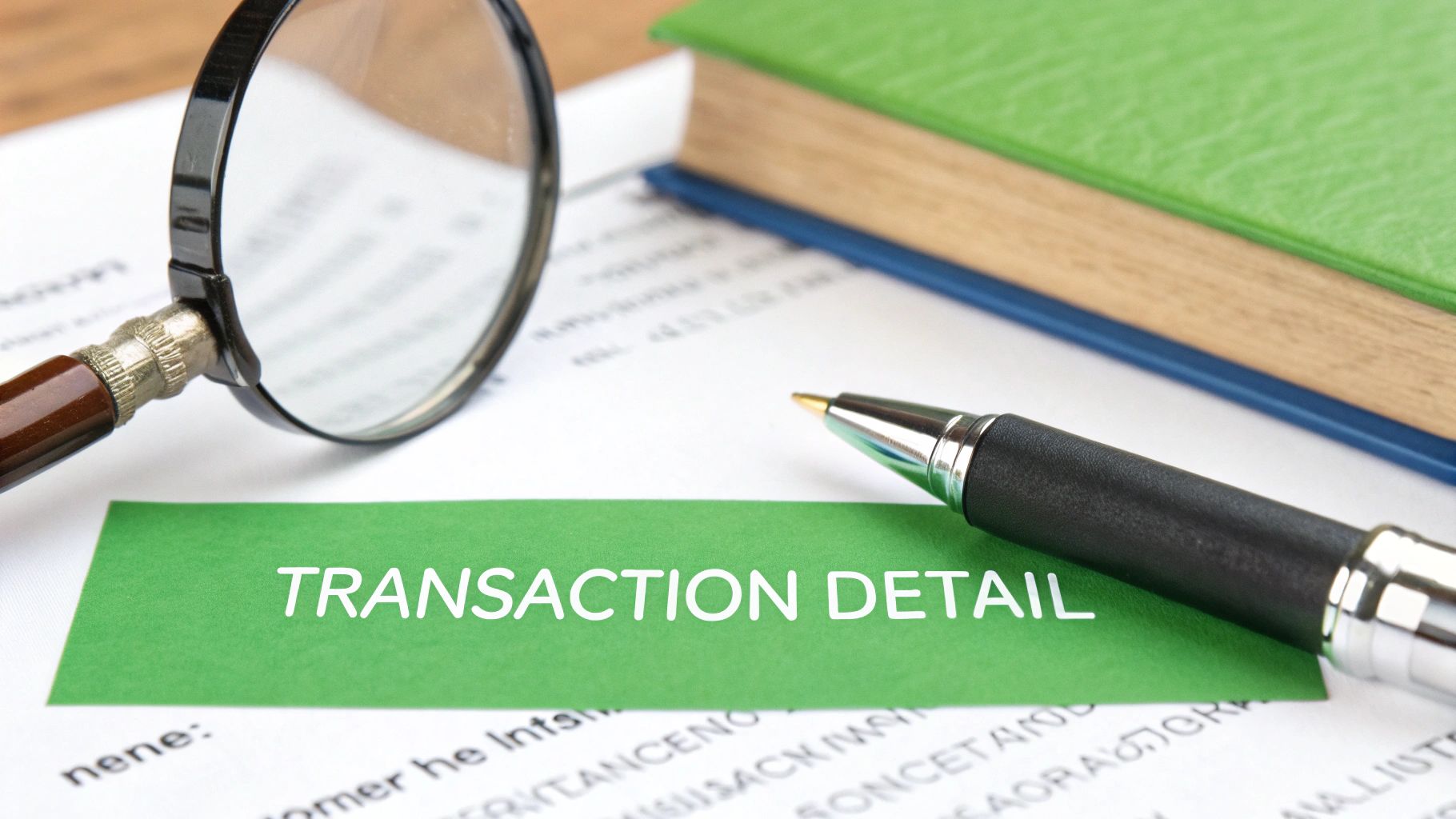 A magnifying glass, pen, and document with a green label reading "TRANSACTION DETAIL," suggesting financial review.