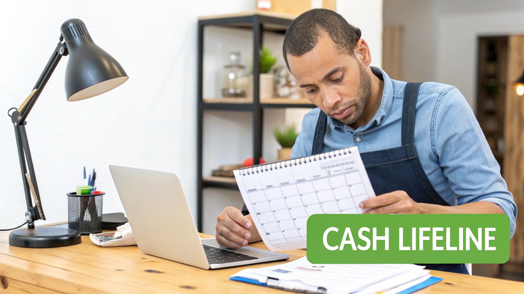 A man, possibly a small business owner, reviews a calendar at his desk with a laptop, managing his finances or schedule.