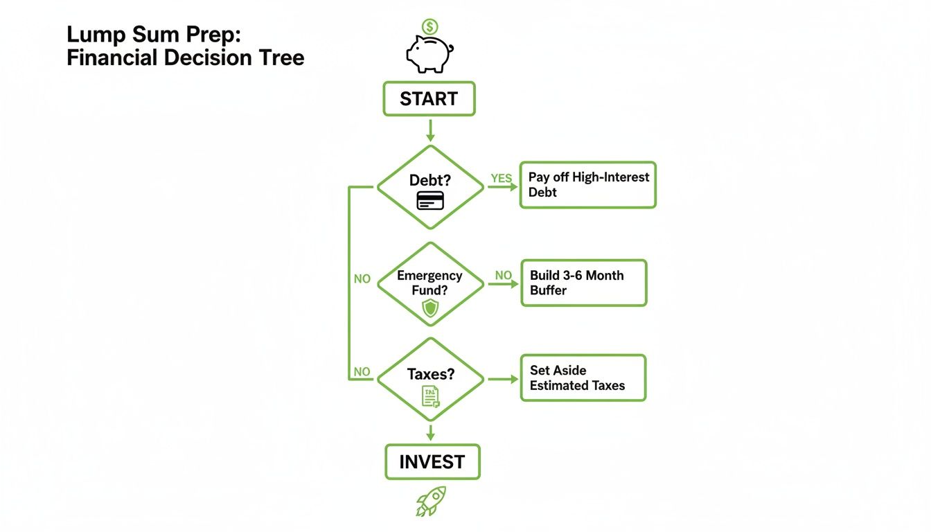 A financial decision tree outlining steps for preparing a lump sum for investment, including debt, emergency fund, and taxes.