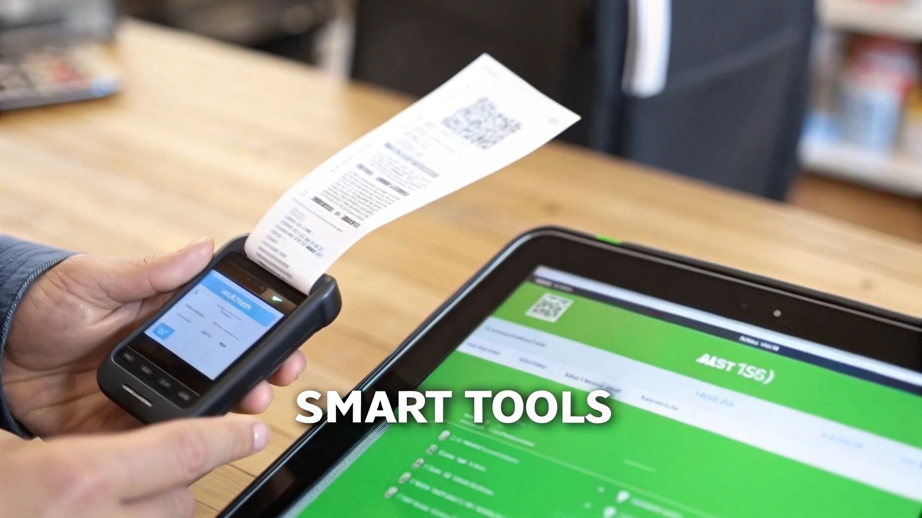 A person's hands holding a mobile device printing a receipt next to a tablet with business software.