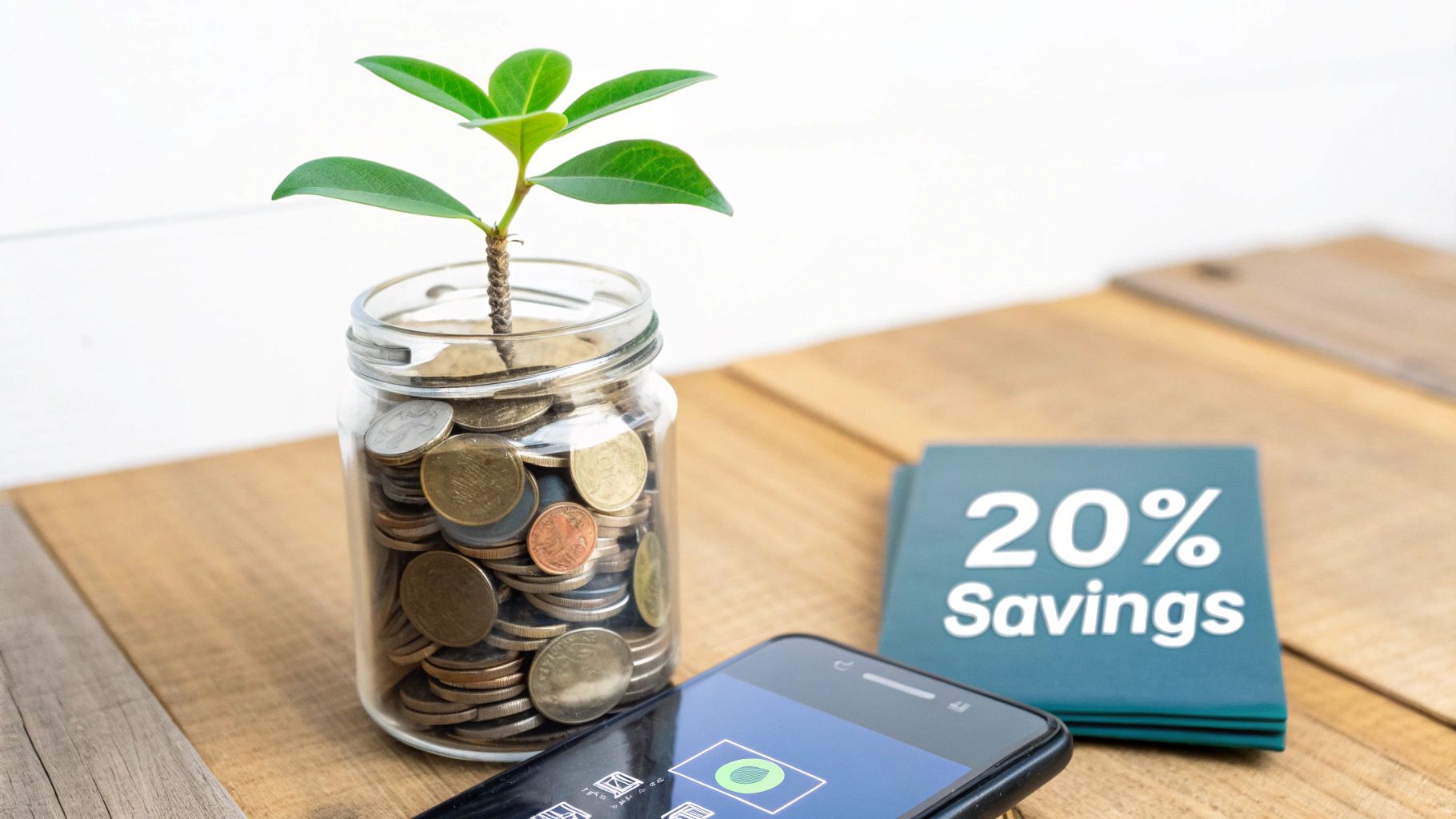 A plant grows from a jar of coins, next to a smartphone and a '20% Savings' book.