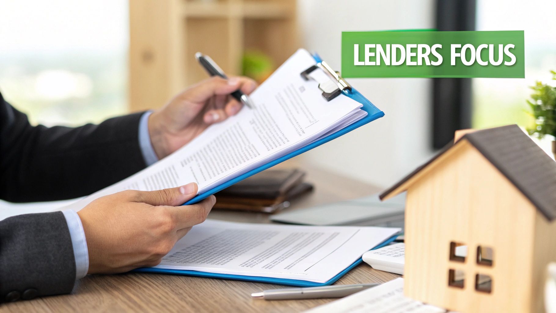 Close-up of a person reviewing loan documents with a miniature house, indicating a lender's focus.