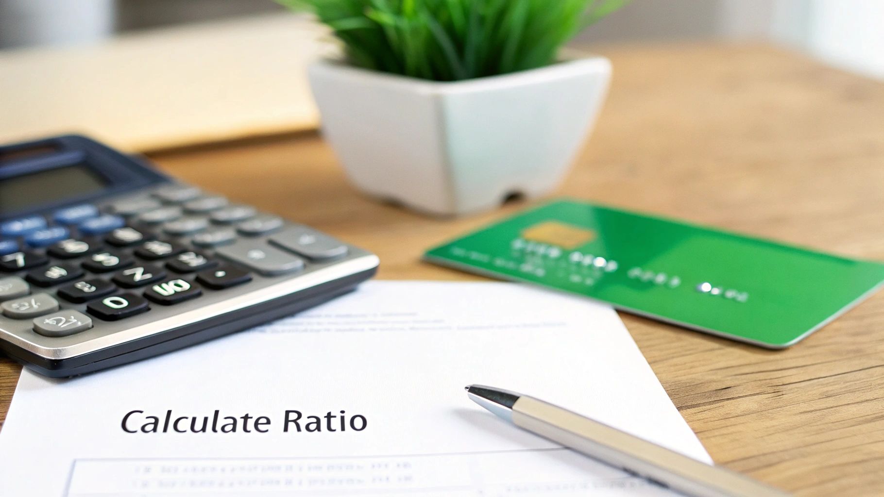 A calculator, green credit card, pen, and a document titled 'Calculate Ratio' on a wooden desk.