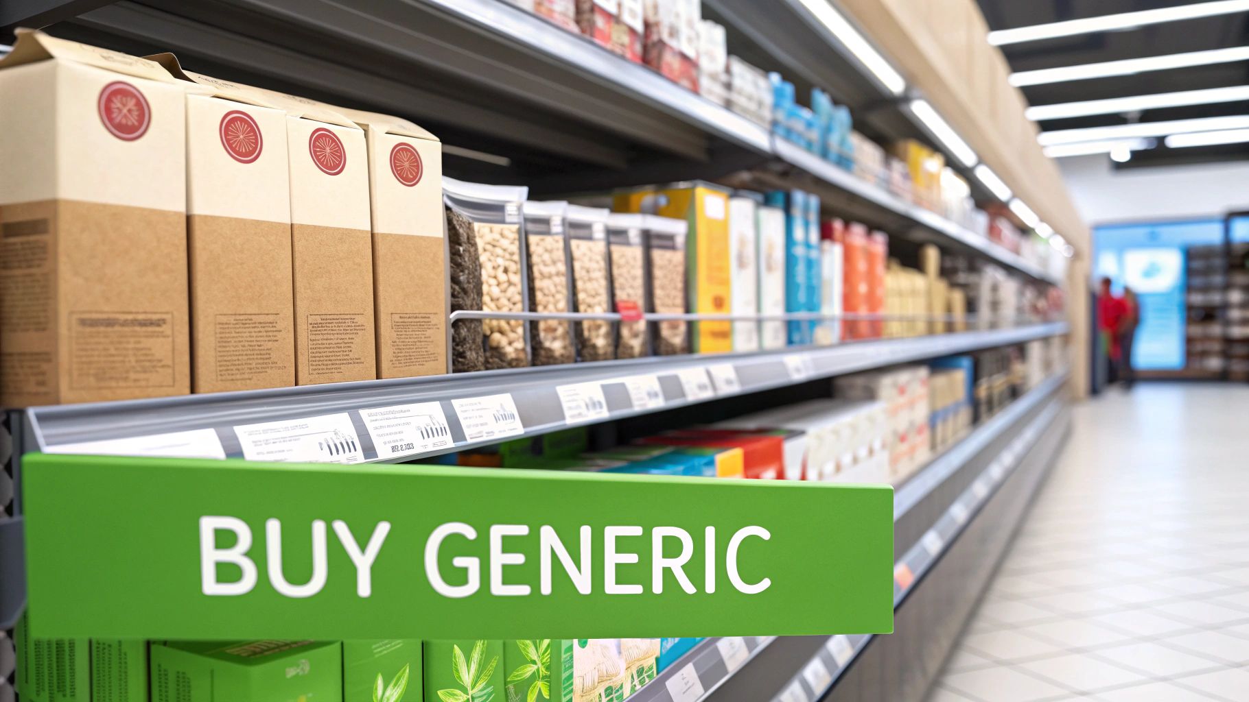 A grocery store aisle with a prominent green sign encouraging shoppers to "BUY GENERIC" products.