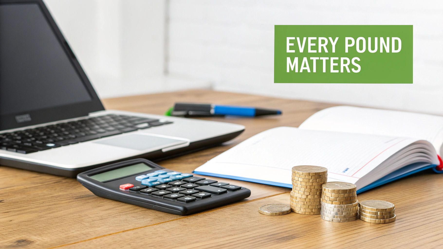 A desk with a laptop, calculator, notebook, pens, and stacks of coins, emphasizing financial management and savings.