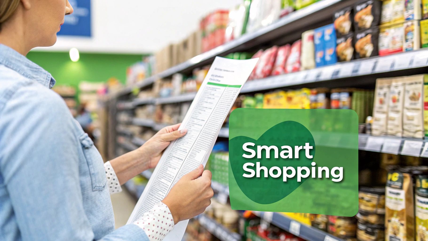 Woman comparing a long shopping list in a grocery store, promoting smart and budget-friendly shopping.