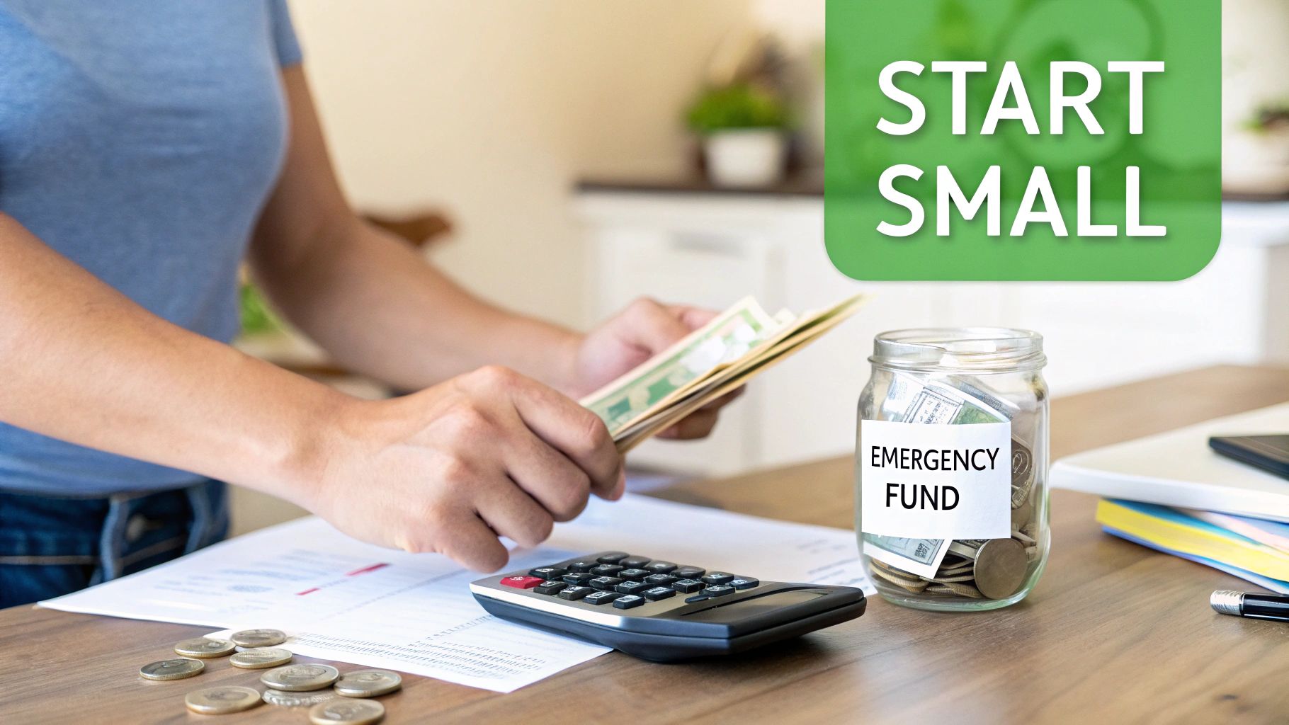A person counts money near a calculator and a jar explicitly labeled 'Emergency Fund'.