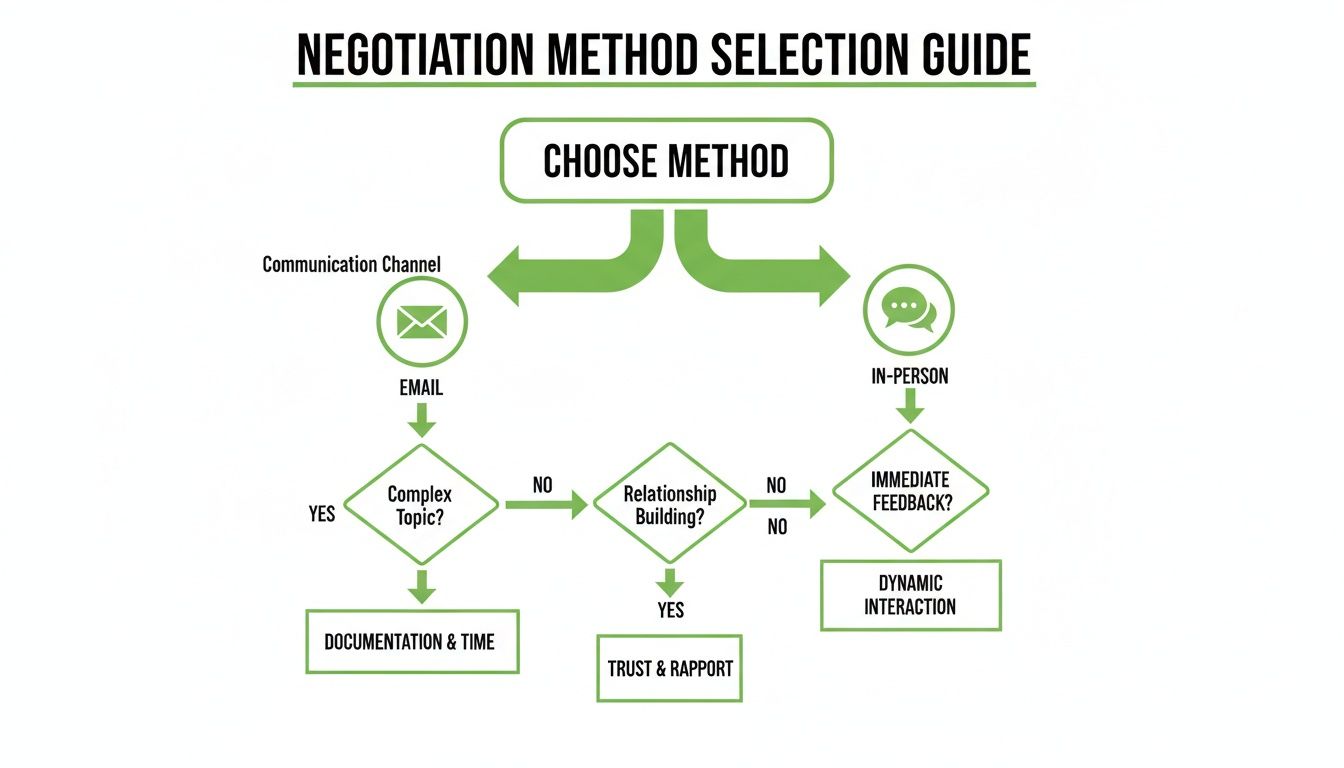 A flowchart titled 'Negotiation Method Selection Guide' showing decision paths for email versus in-person communication.