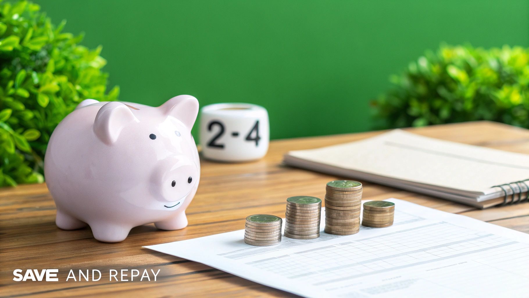 A pink piggy bank, stacked coins, and a financial document on a wooden table, symbolizing saving and repaying.