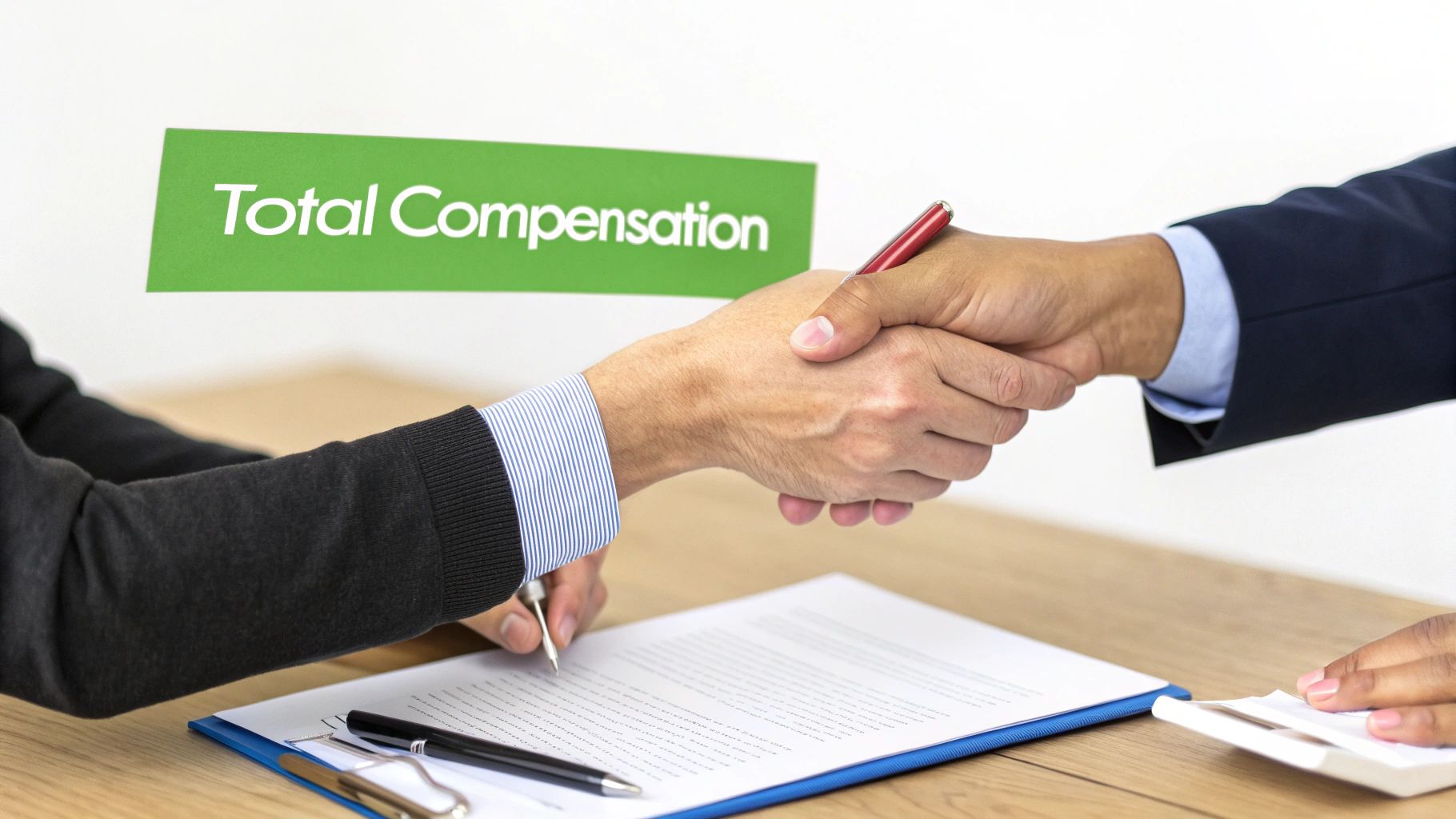 Two business people shaking hands over a signed document, with a 'Total Compensation' banner.