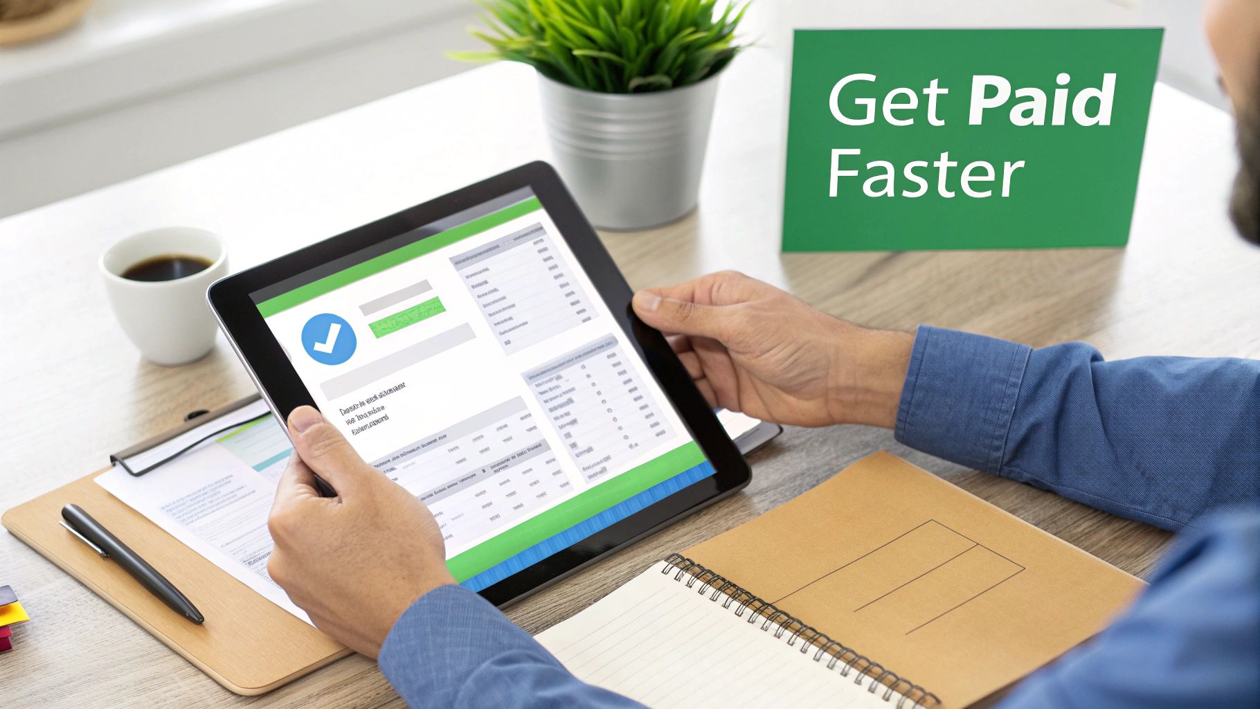 A person uses a tablet with a financial app, next to a 'Get Paid Faster' sign, emphasizing quick payments.