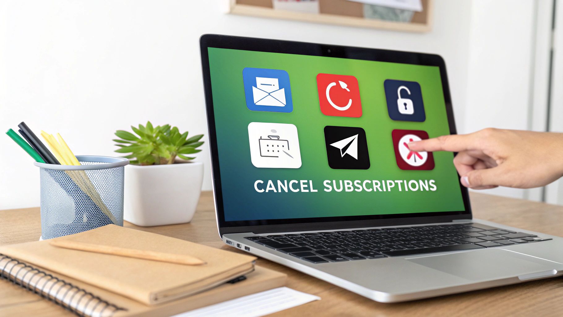Person pointing at laptop screen displaying cancel subscriptions interface with various app icons