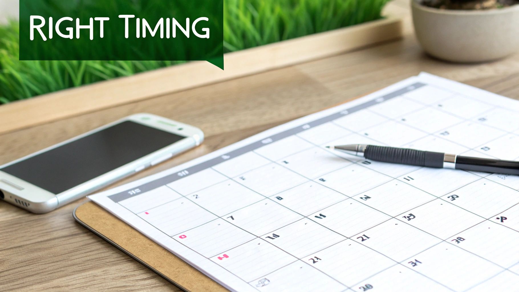 A smartphone, pen, and open calendar on a desk, with text 'RIGHT TIMING' emphasizing planning.