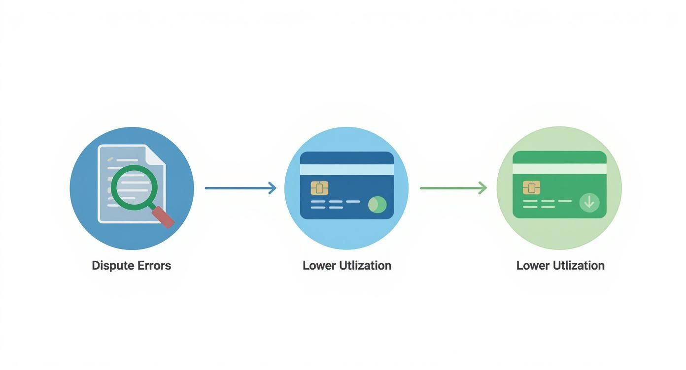 Infographic illustrating how disputing errors contributes to lower credit card utilization.