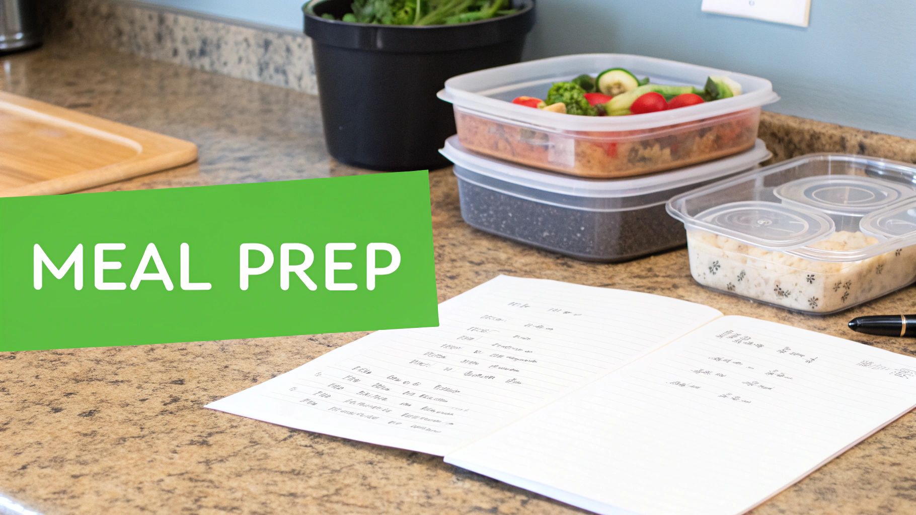 Meal prep containers with healthy food on a kitchen counter, accompanied by a recipe notebook.