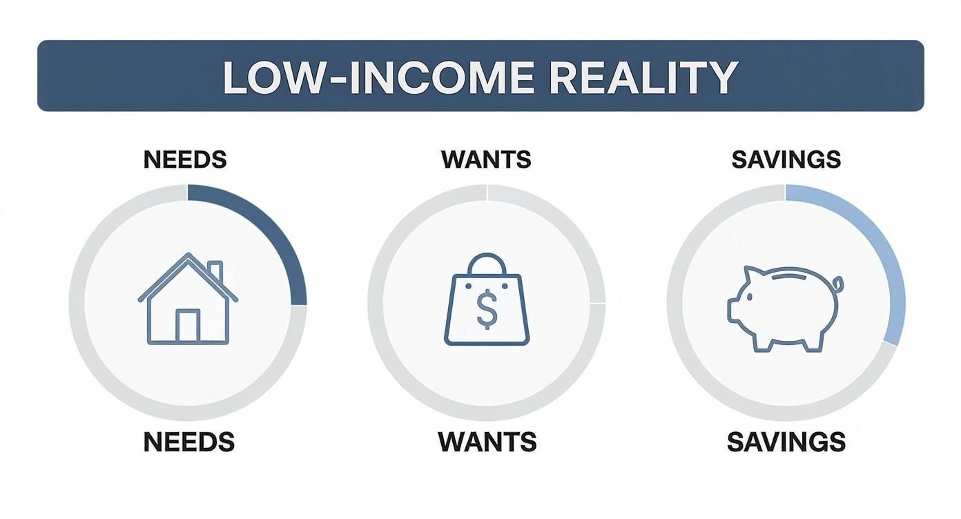Low-income reality infographic showing three budget categories: needs, wants, and savings with minimal allocation