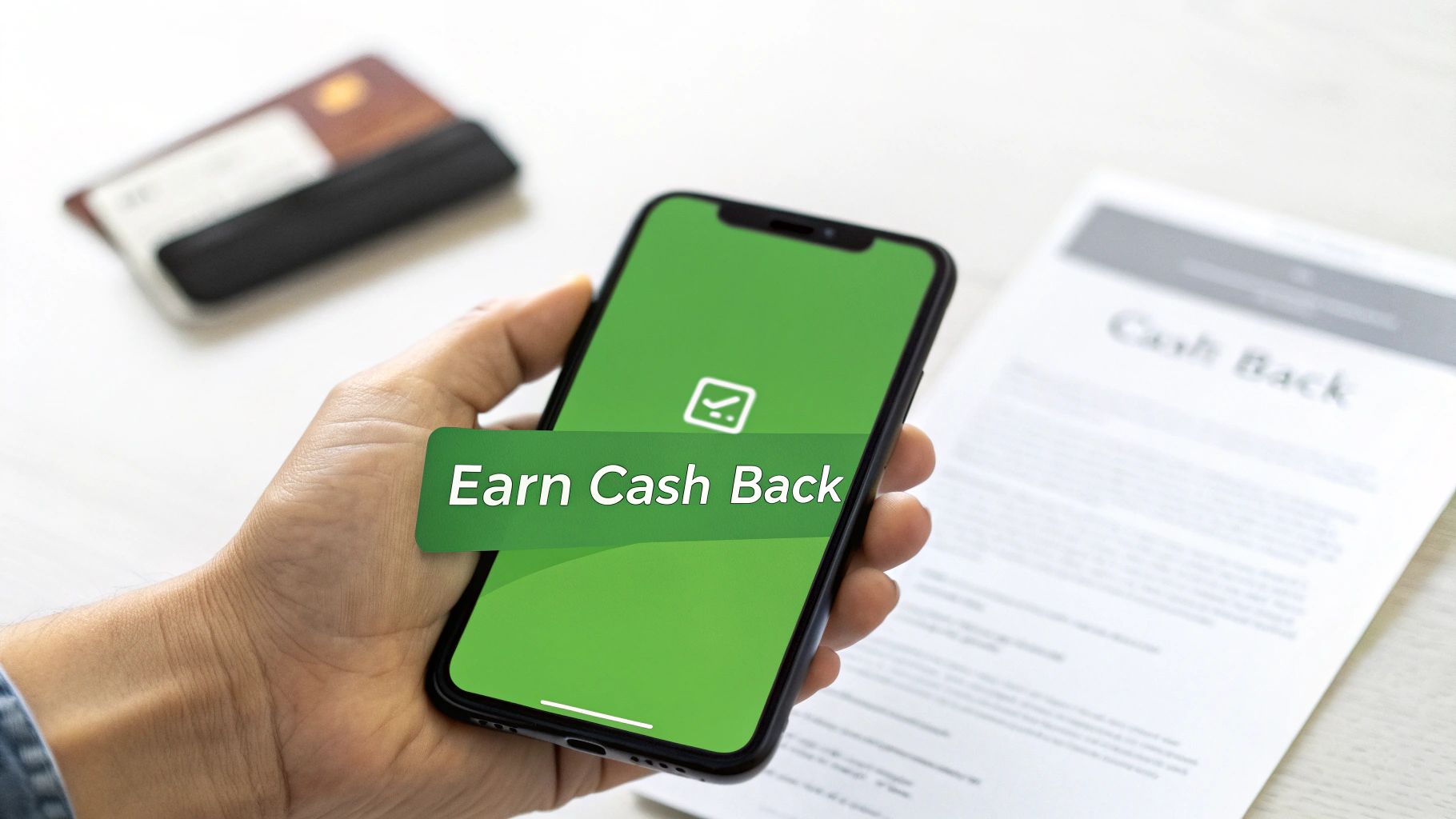 A hand holds a smartphone displaying 'Earn Cash Back' on a green screen, with cards and documents.
