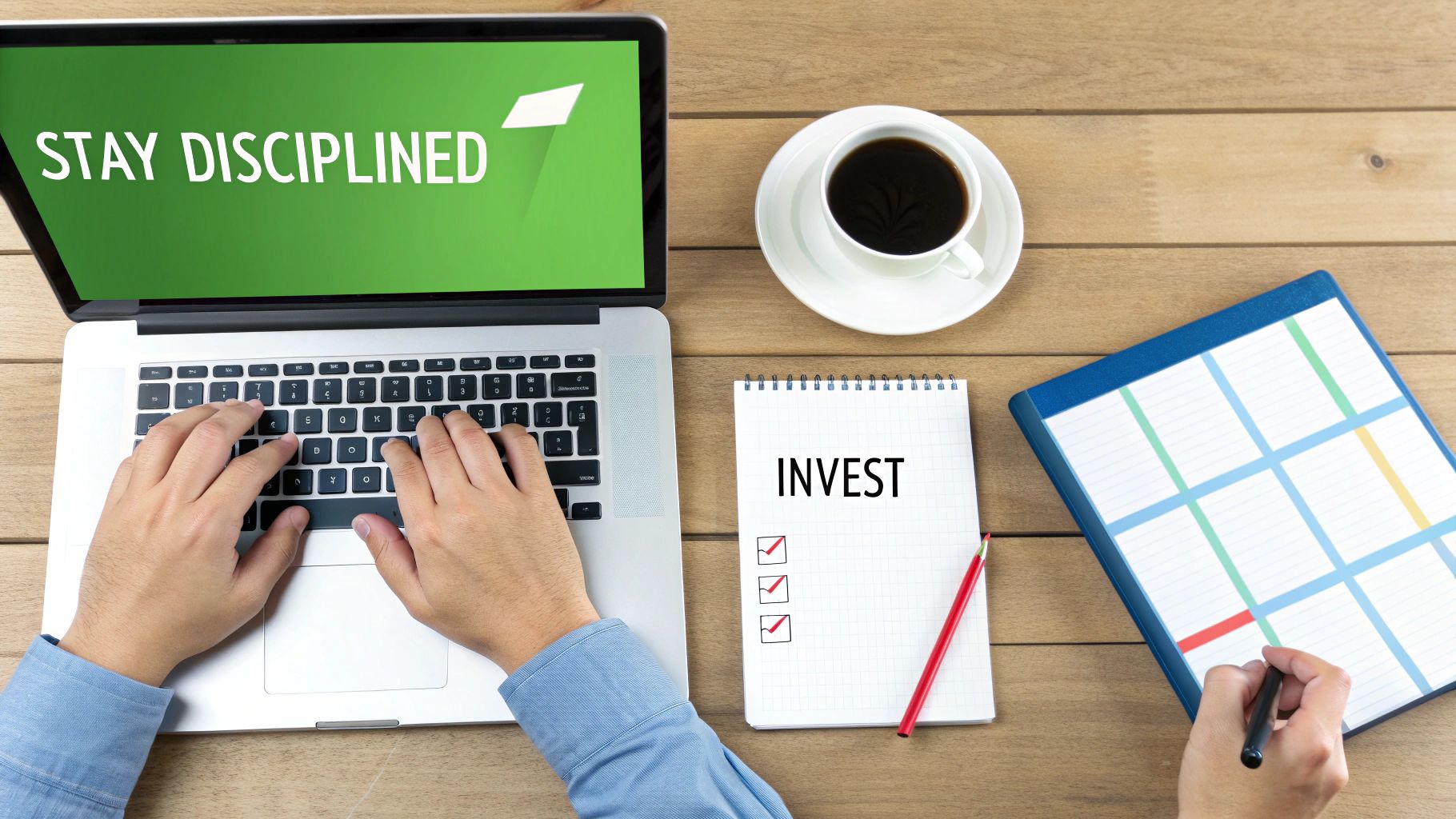 Hands typing on laptop with 'STAY DISCIPLINED' on screen, alongside an 'INVEST' checklist and planning.