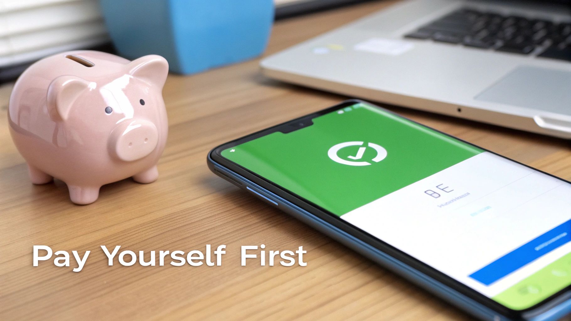 A pink piggy bank, smartphone with a saving app, and laptop on a desk with 'Pay Yourself First' text.