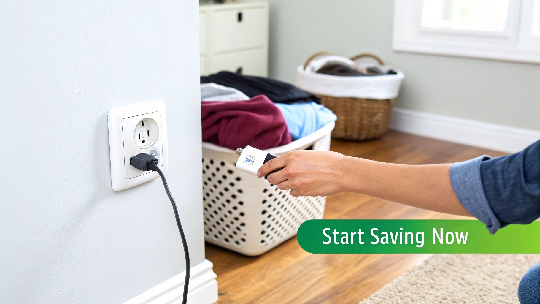 A hand holding a white smart plug, about to insert it into a wall outlet to save energy.