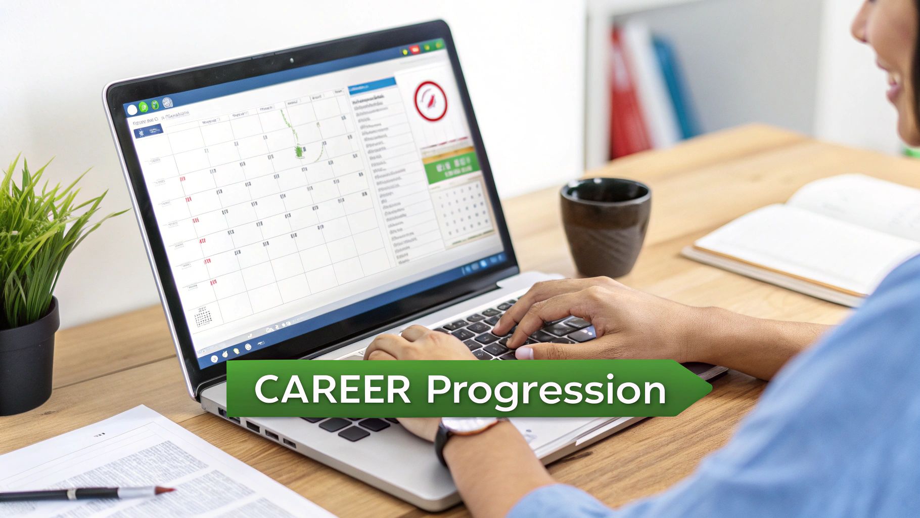 Person uses a laptop displaying a calendar for career progression, on a wooden desk with a plant.