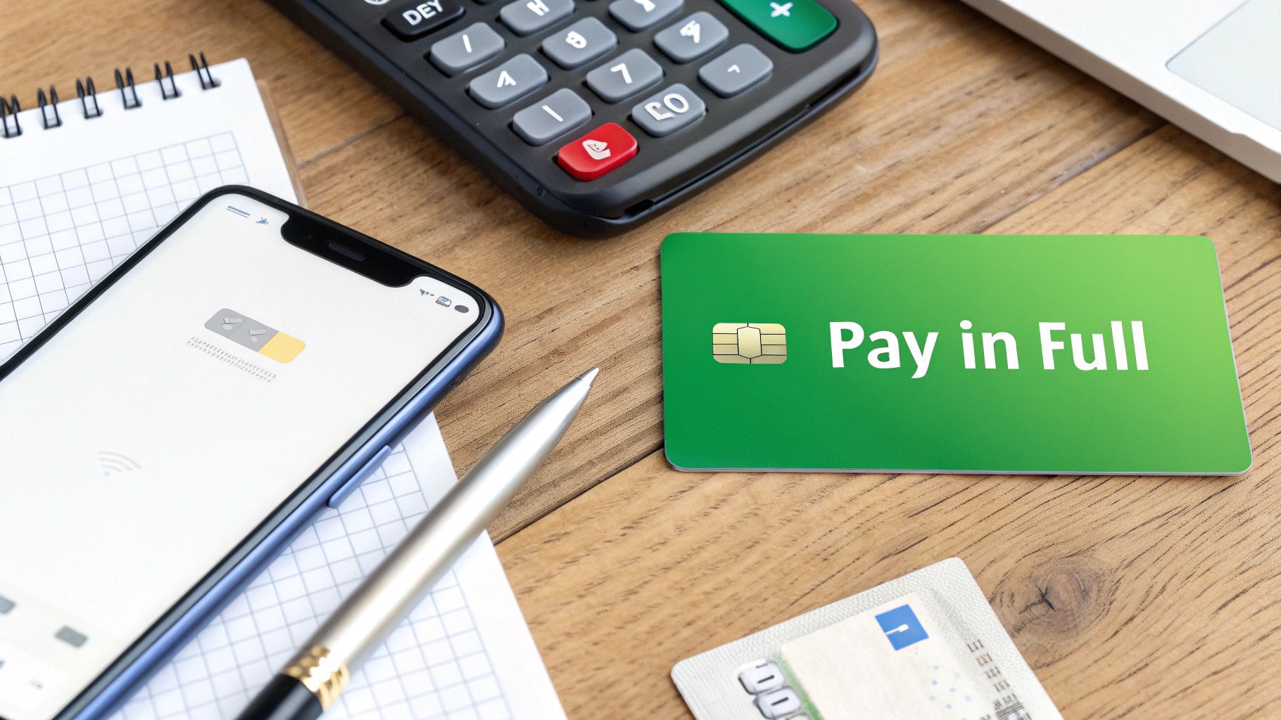 Financial planning flatlay with a smartphone showing a payment app, a 'Pay in Full' credit card, and a calculator.