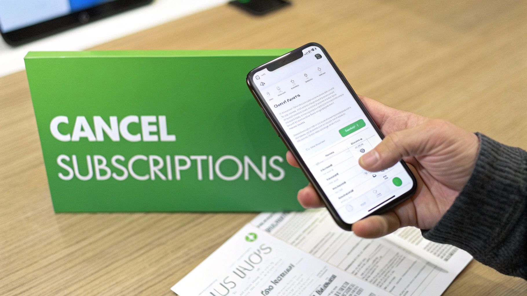 A person's hand holds a smartphone displaying a subscription management app next to a 'CANCEL SUBSCRIPTIONS' sign.