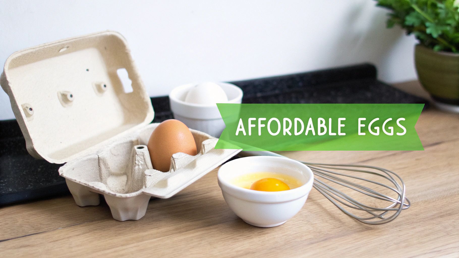 Fresh eggs in an open carton, one cracked in a bowl with a whisk, promoting 'AFFORDABLE EGGS'.