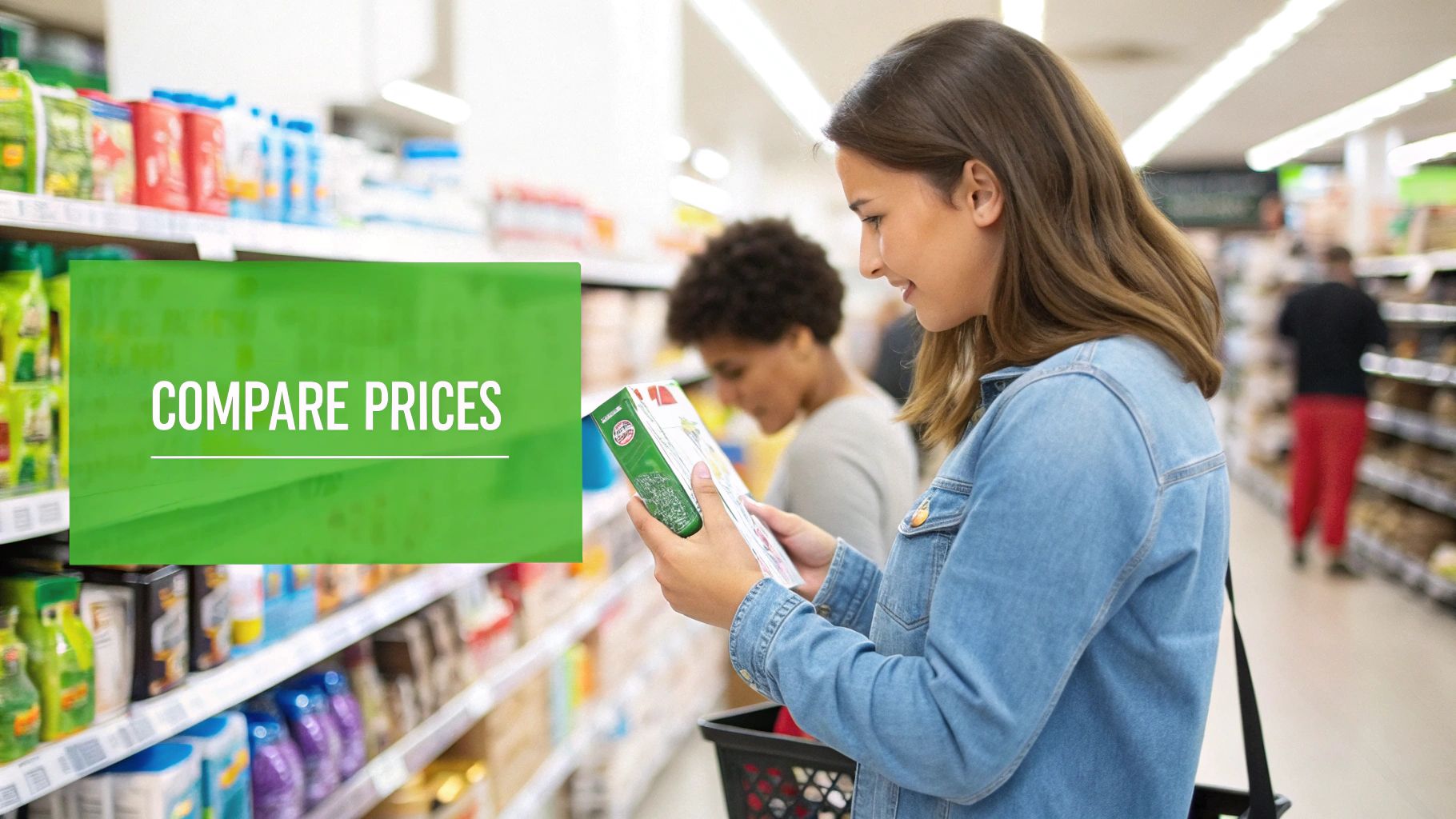 A young woman compares prices on a product in a brightly lit grocery store aisle.
