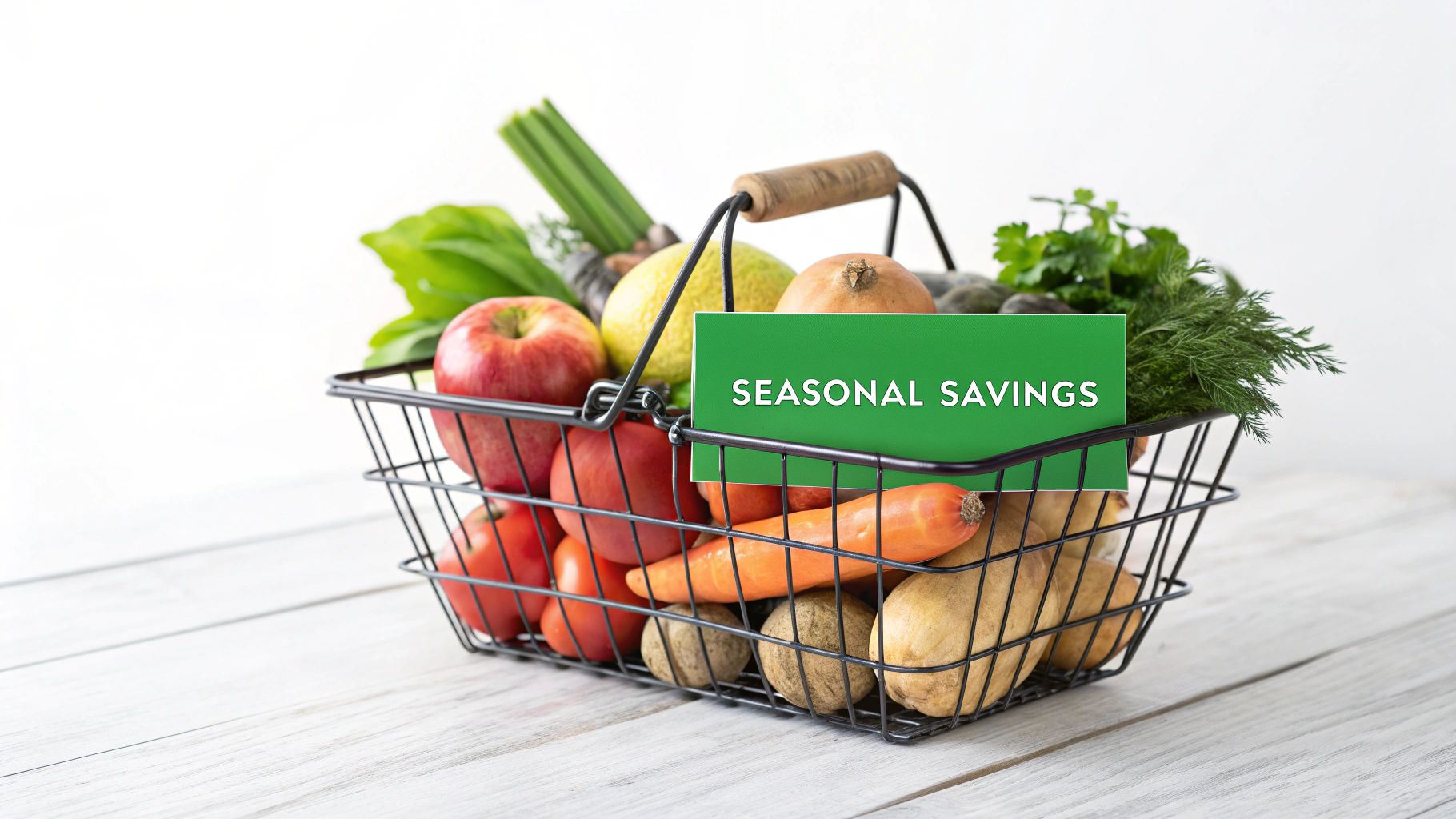 A black wire shopping basket filled with fresh produce like apples, tomatoes, carrots, and potatoes, featuring a 'SEASONAL SAVINGS' sign.
