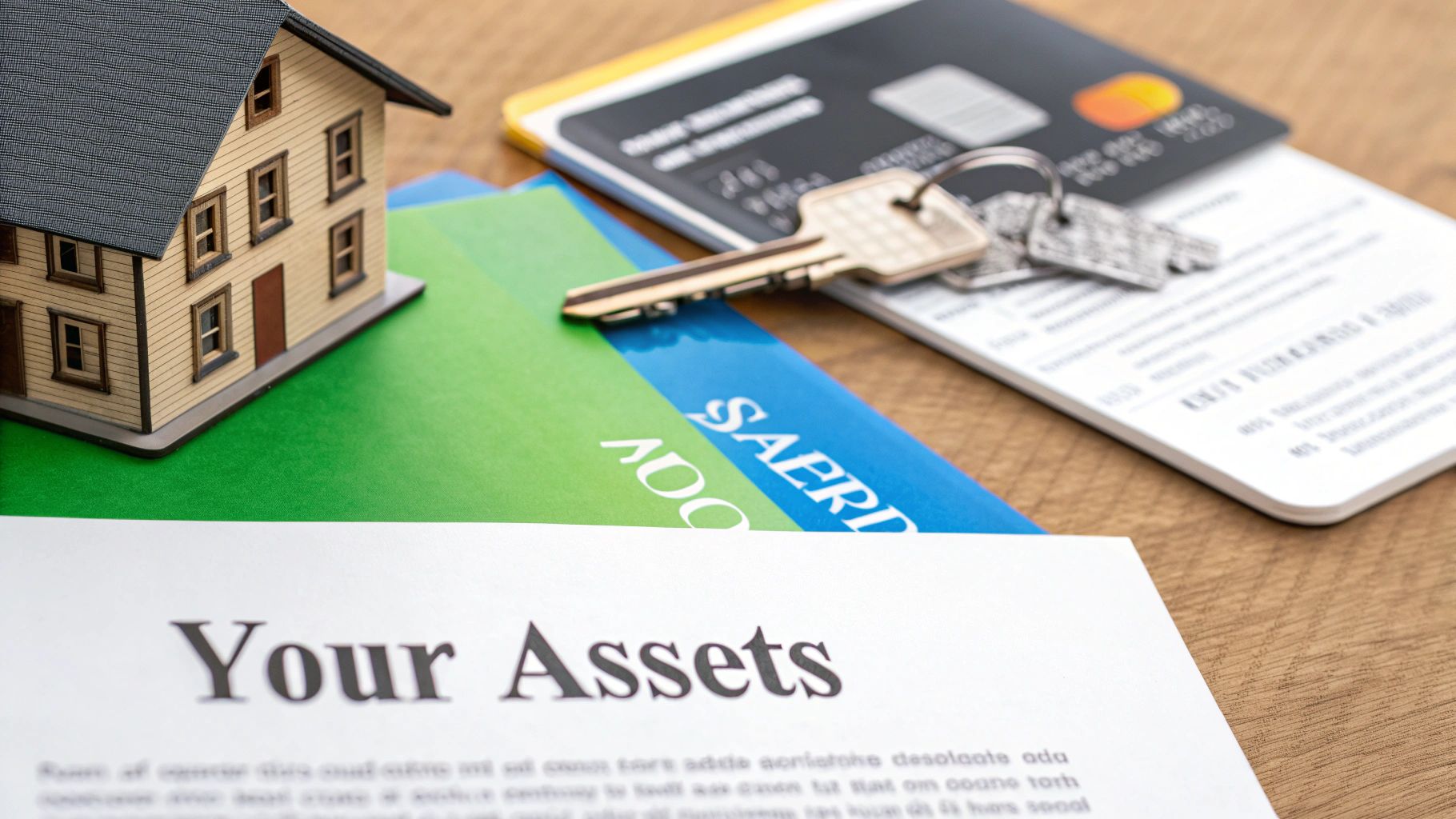 A miniature house, keys, credit cards, and documents with 'Your Assets' on a table, symbolizing financial planning.