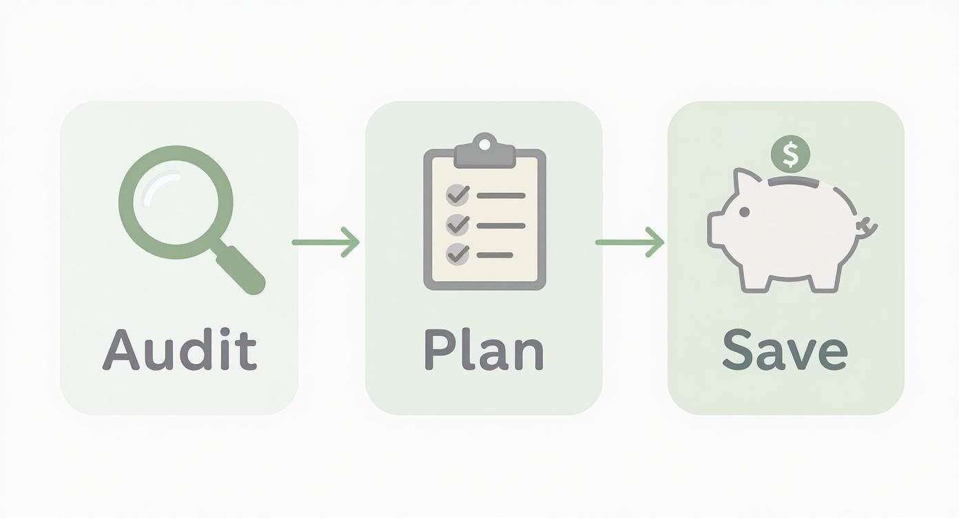 Three-step financial process showing magnifying glass audit, checklist planning, and piggy bank savings illustration