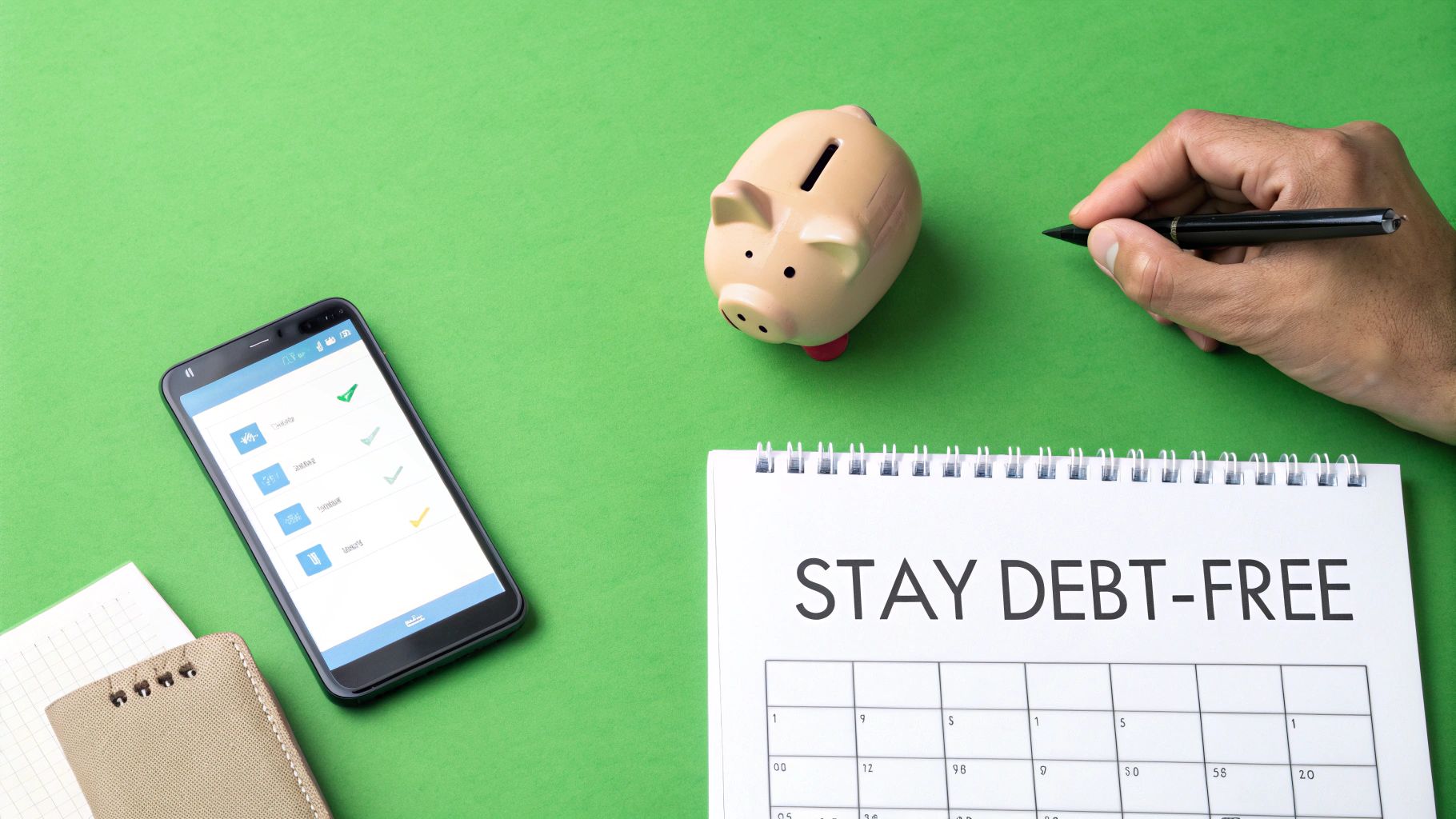 Overhead shot of a person planning debt reduction strategies with a calendar, phone, and piggy bank.