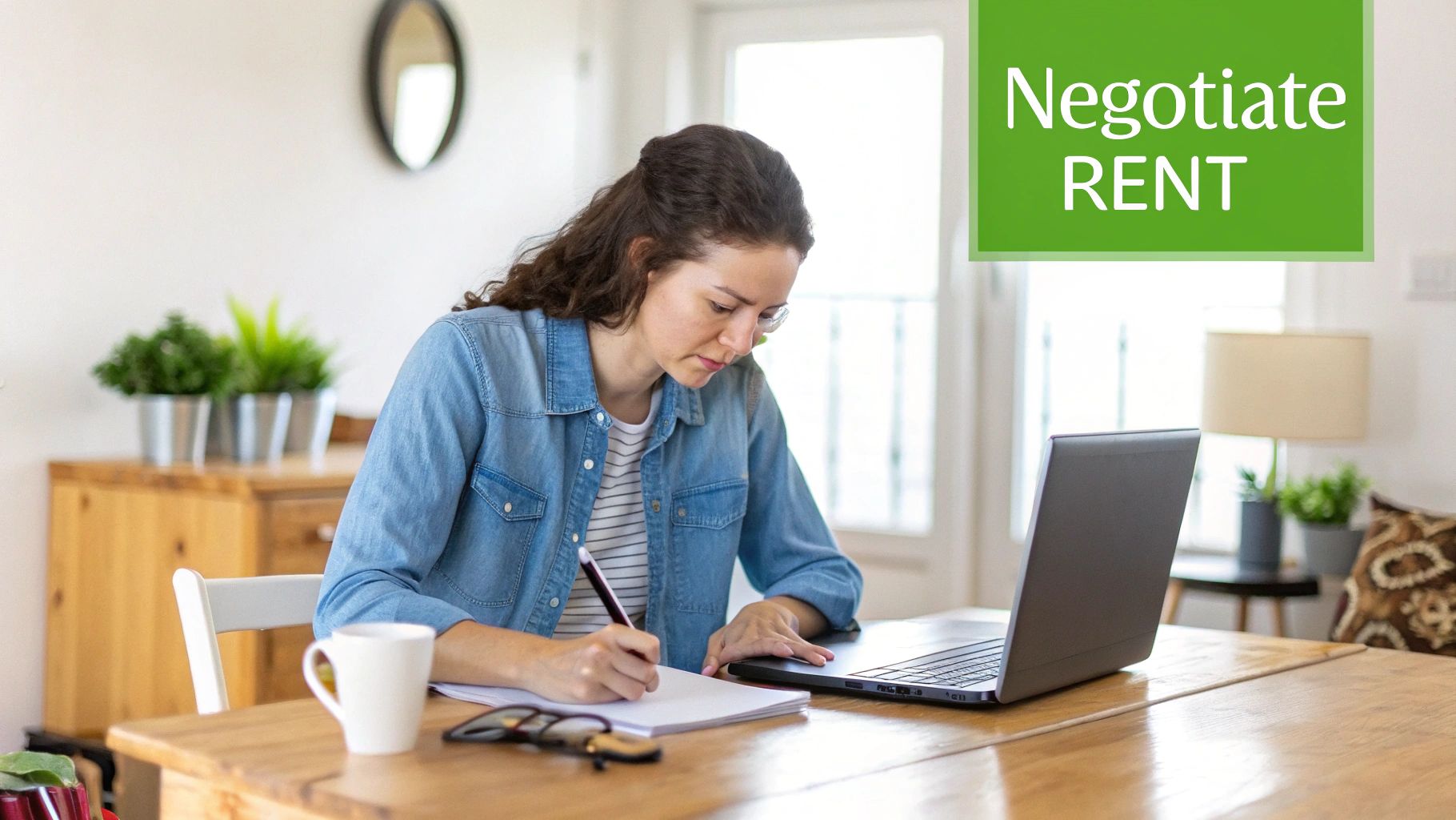 A young woman writes in a notebook with a laptop on a wooden table, text reads 'Negotiate RENT'.