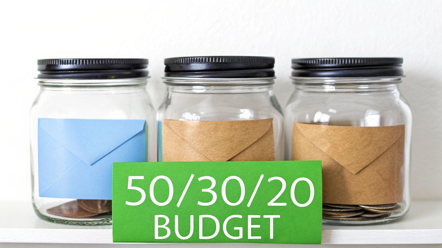 Three glass jars with envelopes containing coins demonstrating 50/30/20 budget rule for saving money