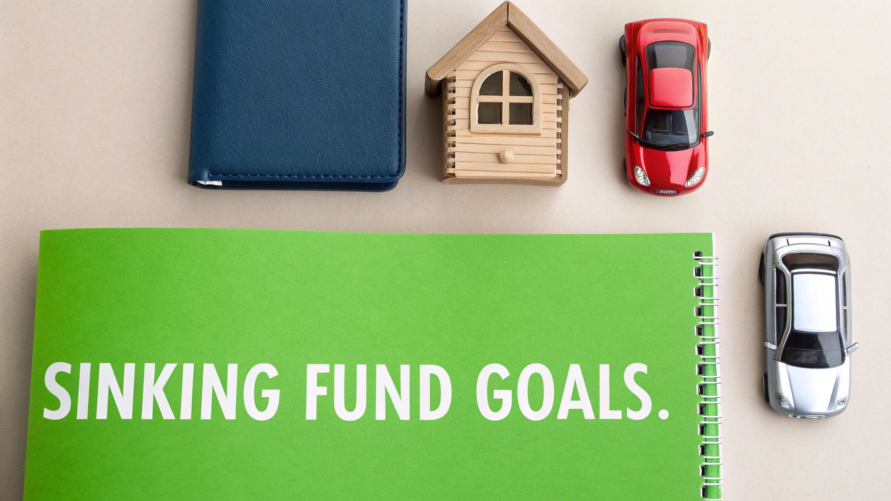 A person adding coins to a glass jar labeled "Holiday Fund", with other jars labeled "Car Maintenance" and "Home Repairs" in the background.