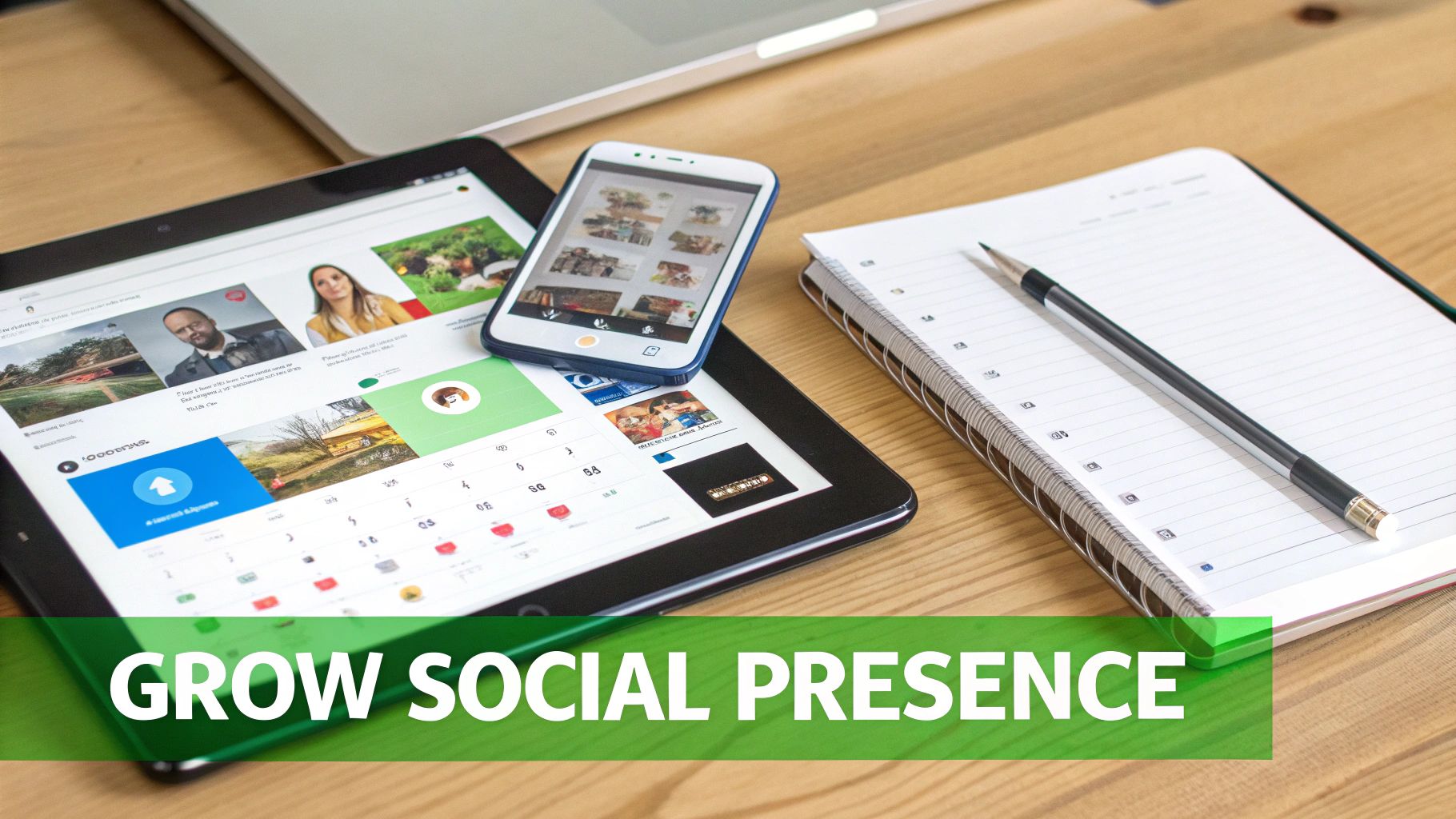 A tablet, smartphone, notebook, and pencil on a wooden desk, with 'GROW SOCIAL PRESENCE' text.