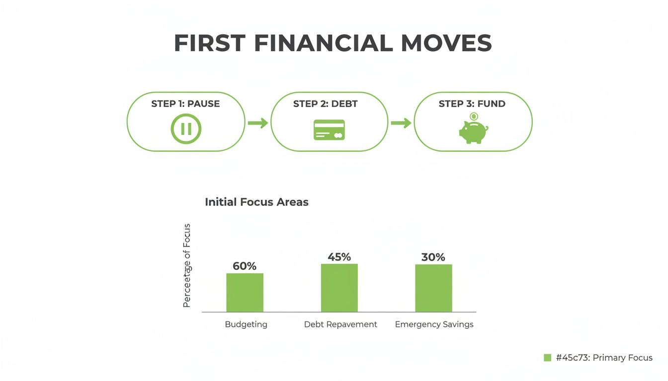 Financial moves infographic: steps (pause, debt, fund) and focus areas (budgeting, debt, savings) with percentages demonstrating how to invest a lump sum for maximum growth
