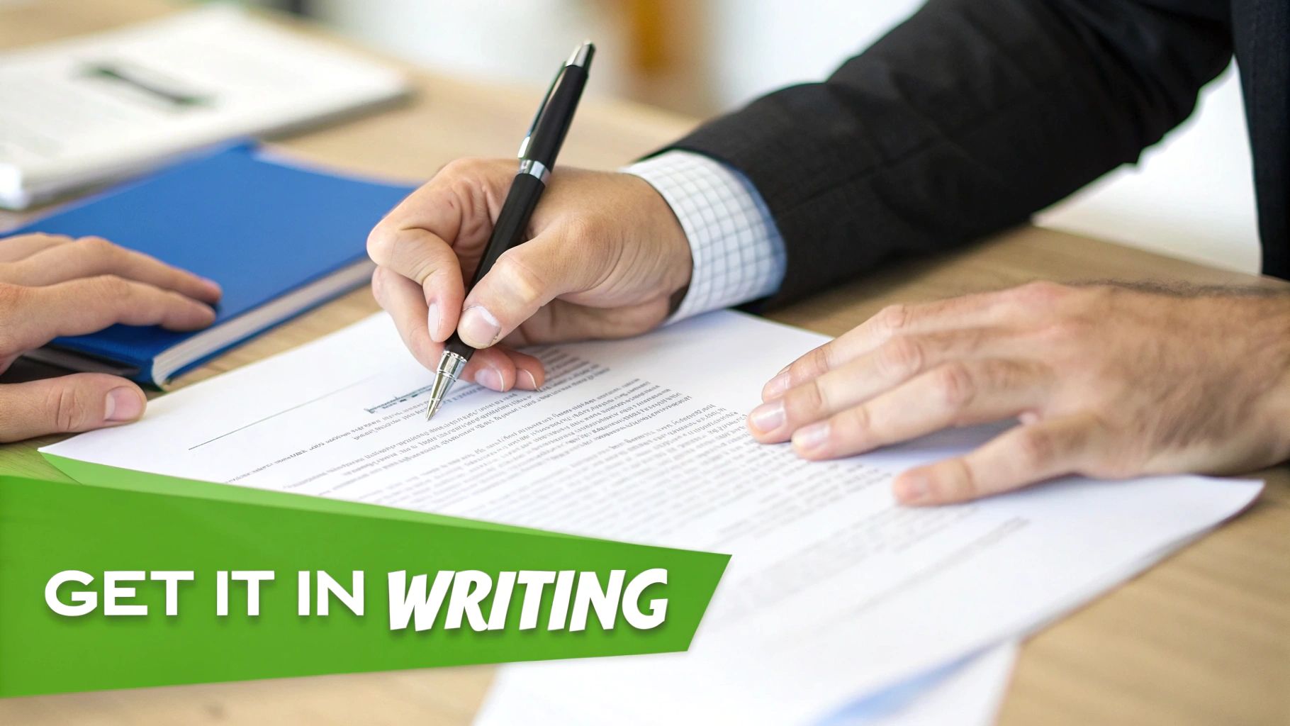 Close-up of a person in a suit signing a document with a pen, with a notebook nearby.