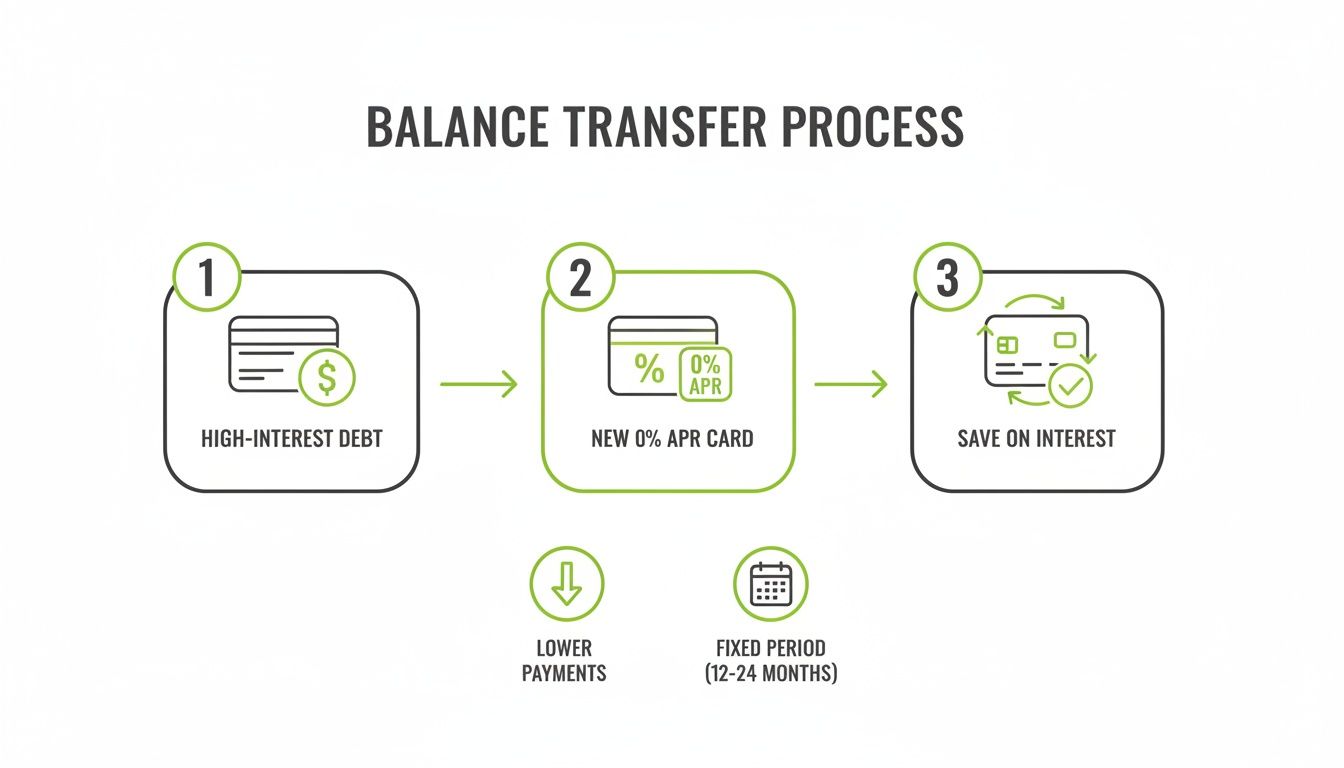 Infographic illustrating the balance transfer process: high-interest debt to a new 0% APR card, saving on interest.
