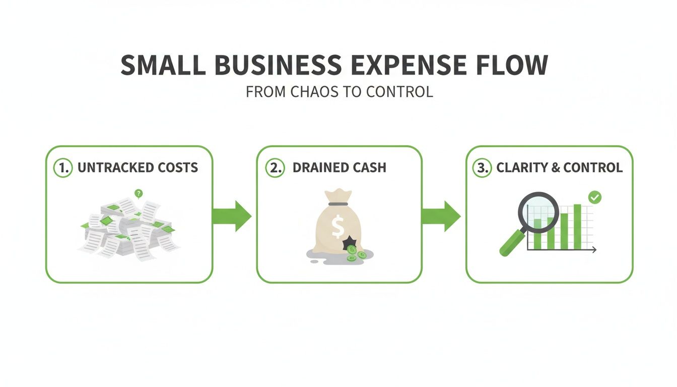 Flowchart illustrating small business expense management, showing untracked costs, drained cash, leading to clarity and control.