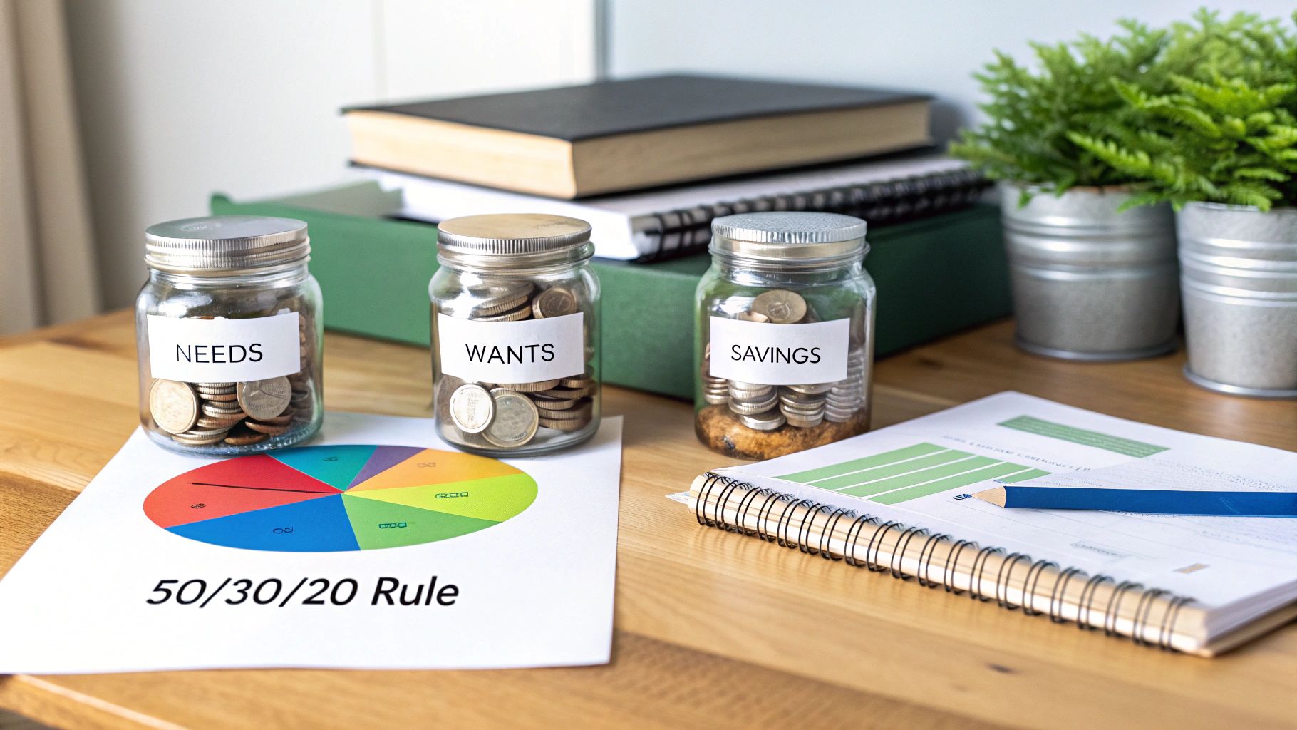 Three glass jars labeled 'Needs,' 'Wants,' and 'Savings' filled with coins, alongside a 50/30/20 budgeting rule chart.