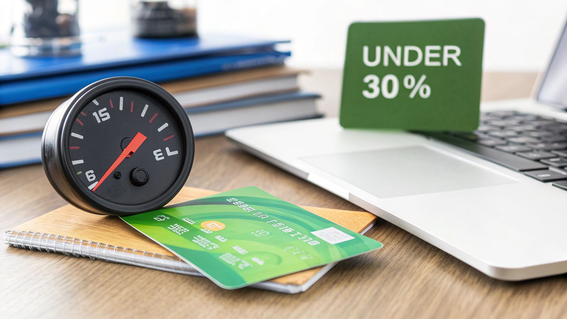 A desk with a laptop, green credit card, black gauge, books, and an 'UNDER 30%' sign.