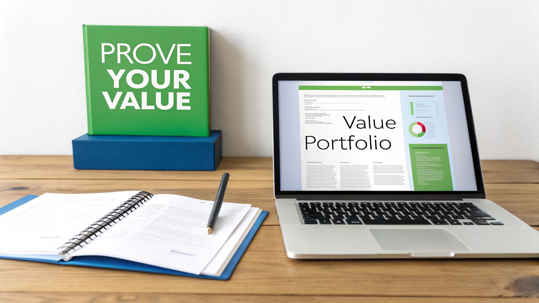 A desk setup featuring a "PROVE YOUR VALUE" book, a laptop showing a "Value Portfolio," and an open notebook with a pen.
